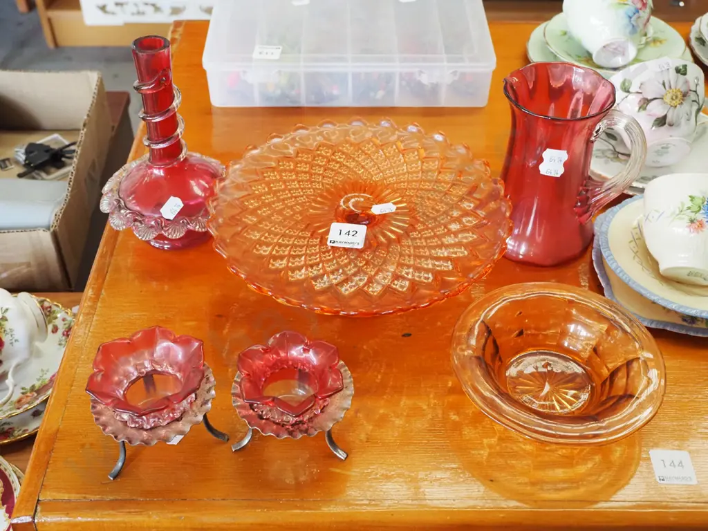 ruby glass candlesticks, cake plate, bowl etc Image 1++