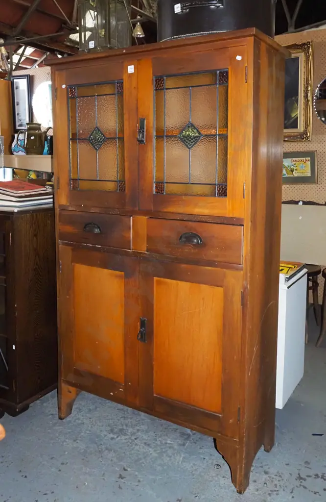 Edwardian kitchen cabinet with 2 solid doors and 2 leadlight doors - crack to 1 pane H1570 W910 D390 Image 1++