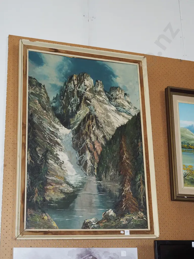 framed oil - mountain and river scene - framing needs attention Image 1++