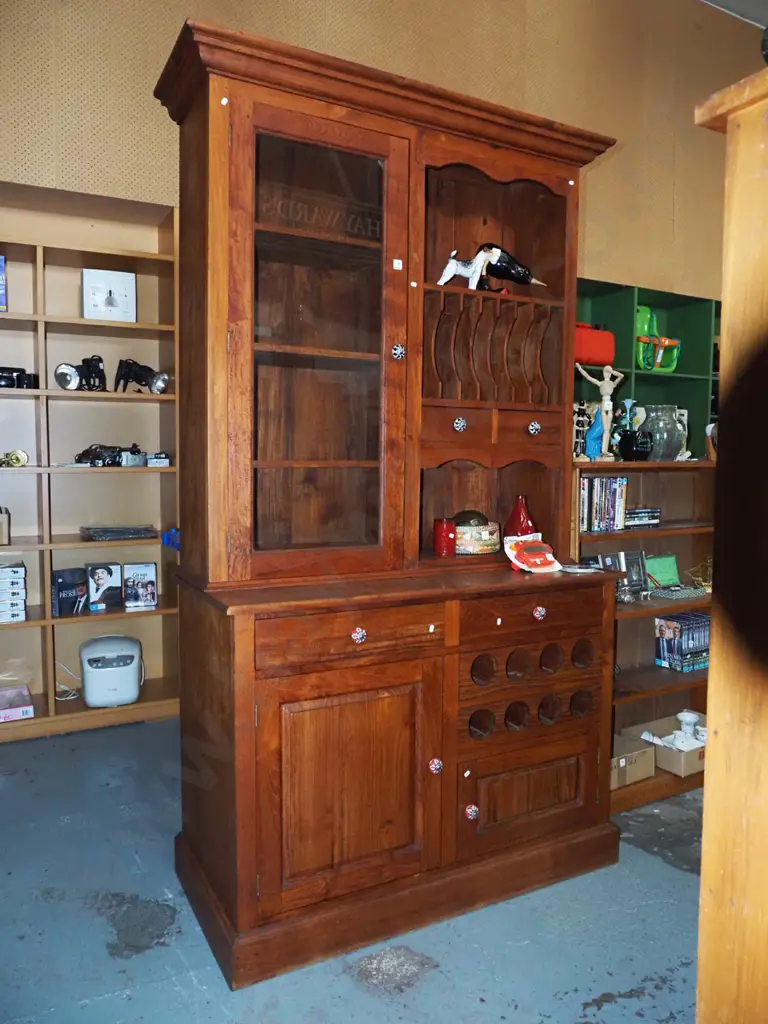 Indonesian hardwood wall unit - 2 solid and 1 glazed door, plate rack, wine rack etc Image 1++