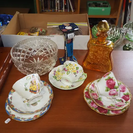 Royal Doulton candlestick - cracks, amber glass bottle, crystal bowl etc