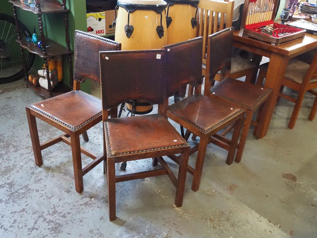 pair of 4 tooled leather and oak dining chairs with domes Image 1++