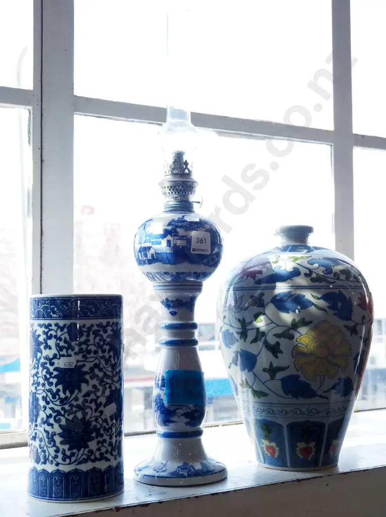 blue and white chrysanthemum canister, delft lantern - repair to base, multi coloured Chinese vase Lantern H550 Image 1++