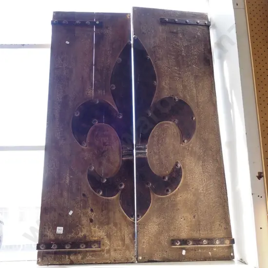 2x metal and wood rustic panels/doors with fleur de lis cut metal decorations H1200 BothW800