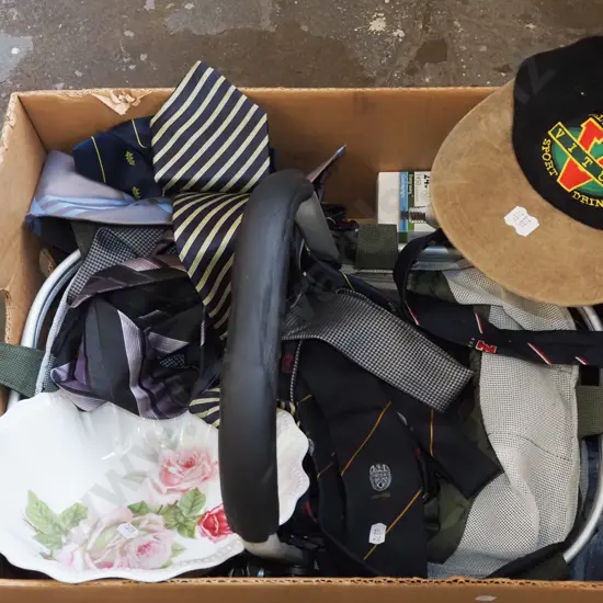 box; various ties, basket, cat etc