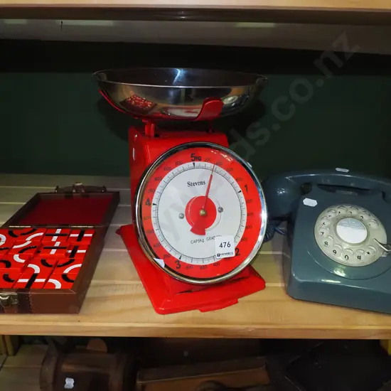 dial telephone, kitchen scales, travel puzzle