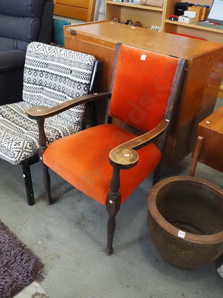 wood and rust upholstered armchair Image 1++