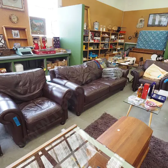 brown leather rolled arm 3 piece lounge suite - 2 seater and 2 singles