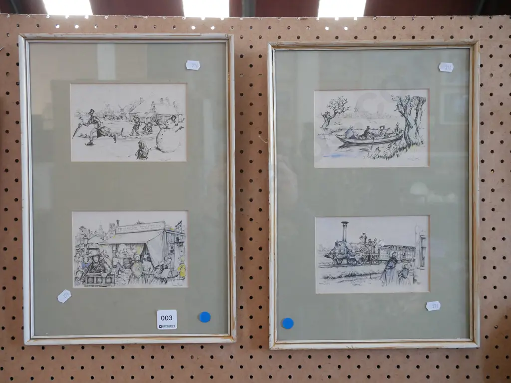 2x framed hand coloured Victorian themed prints - blue dots Image 1++