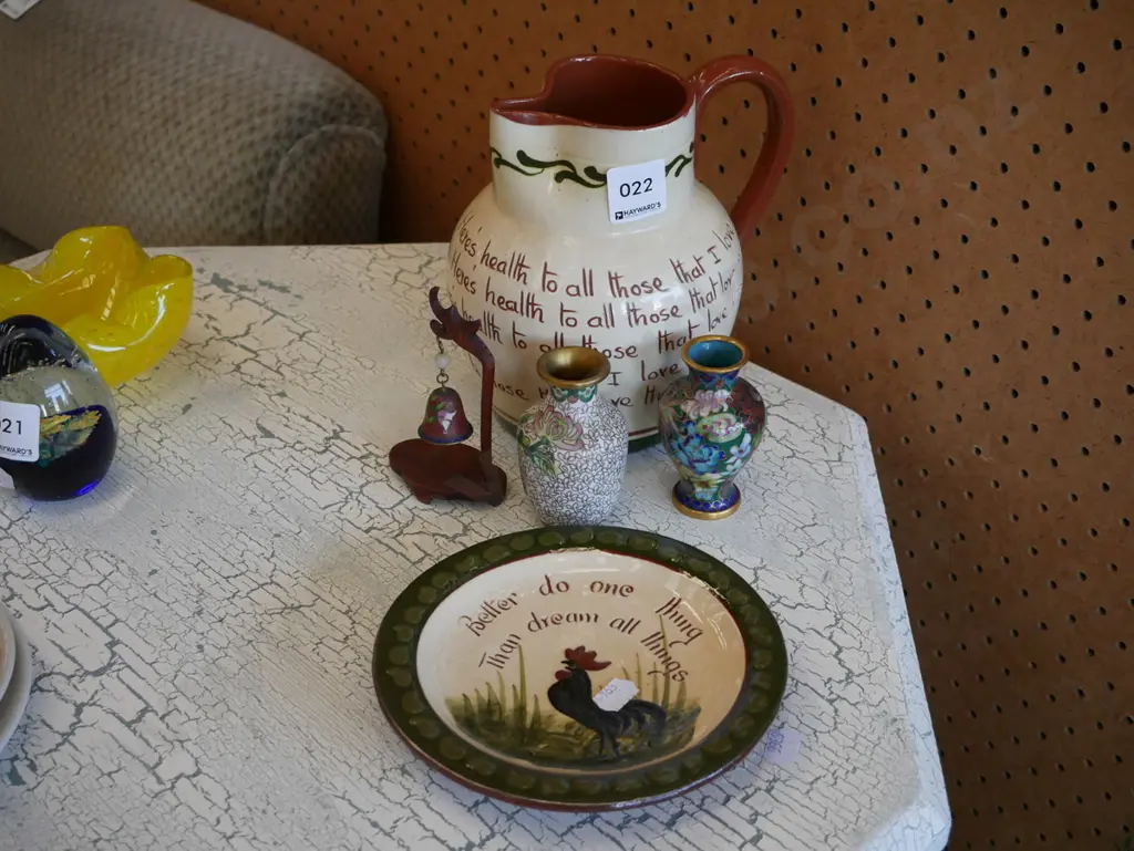 motto jug, plate, 2x small cloisonne vases, bell Image 1++