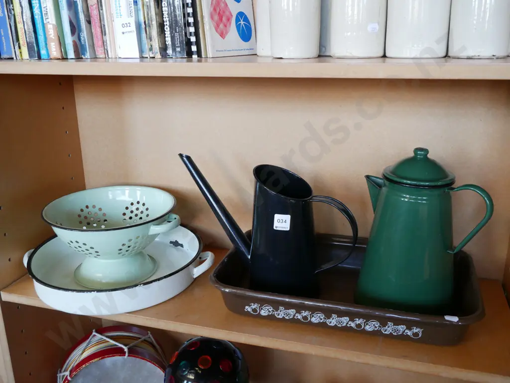 enamel ware; coffee pot, pouring jug, colander etc Image 1++