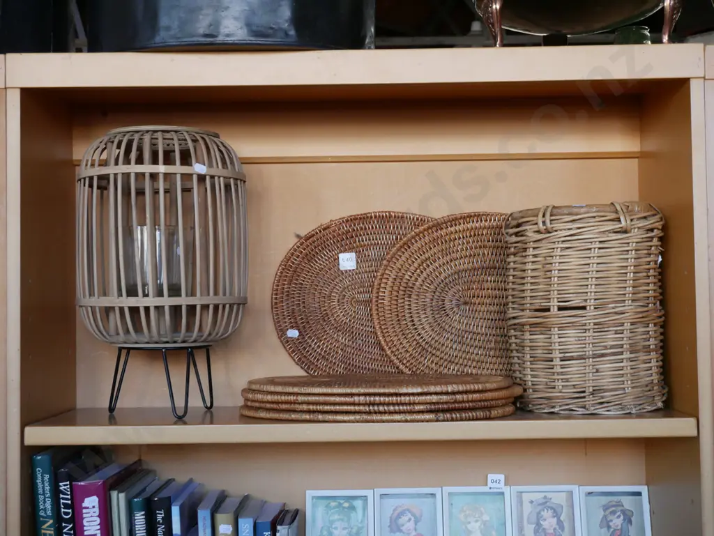 cane placemats, basket, candle lantern Image 1++