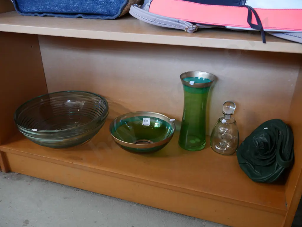 grey glass bowls, vase, small decanter, grey leather floral themed purse Image 1++