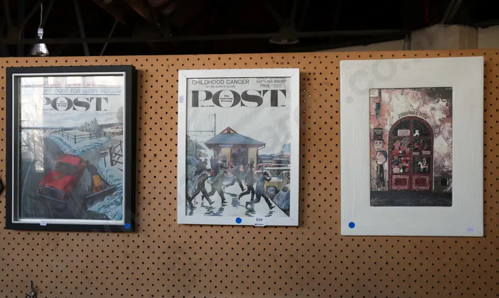 2x framed Evening Post prints, framed French themed print - blue dots Image 1++