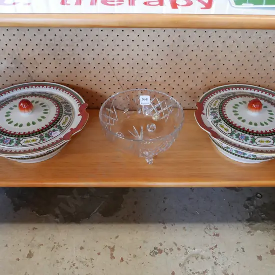 crystal bowl and 2 Asian lidded dishes