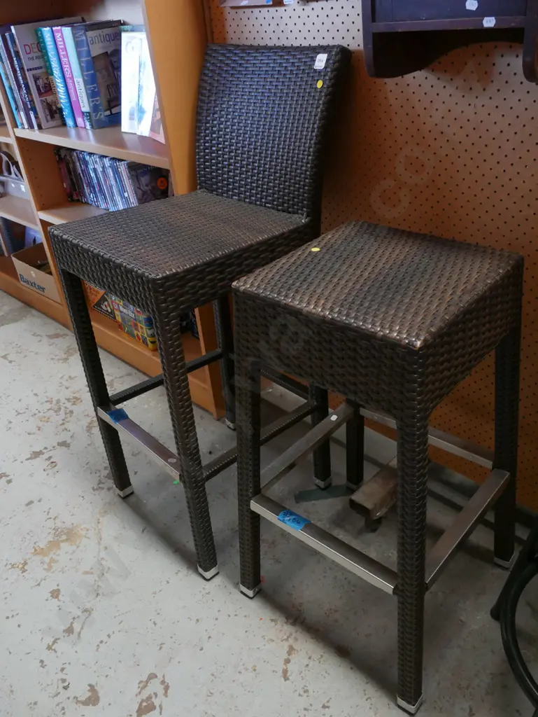 2x brown woven plastic upholstered stools - yellow dots Image 1++