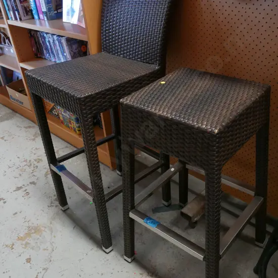 2x brown woven plastic upholstered stools - yellow dots