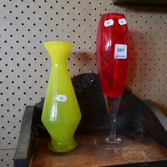 2x coloured glass vases Tallest H-250