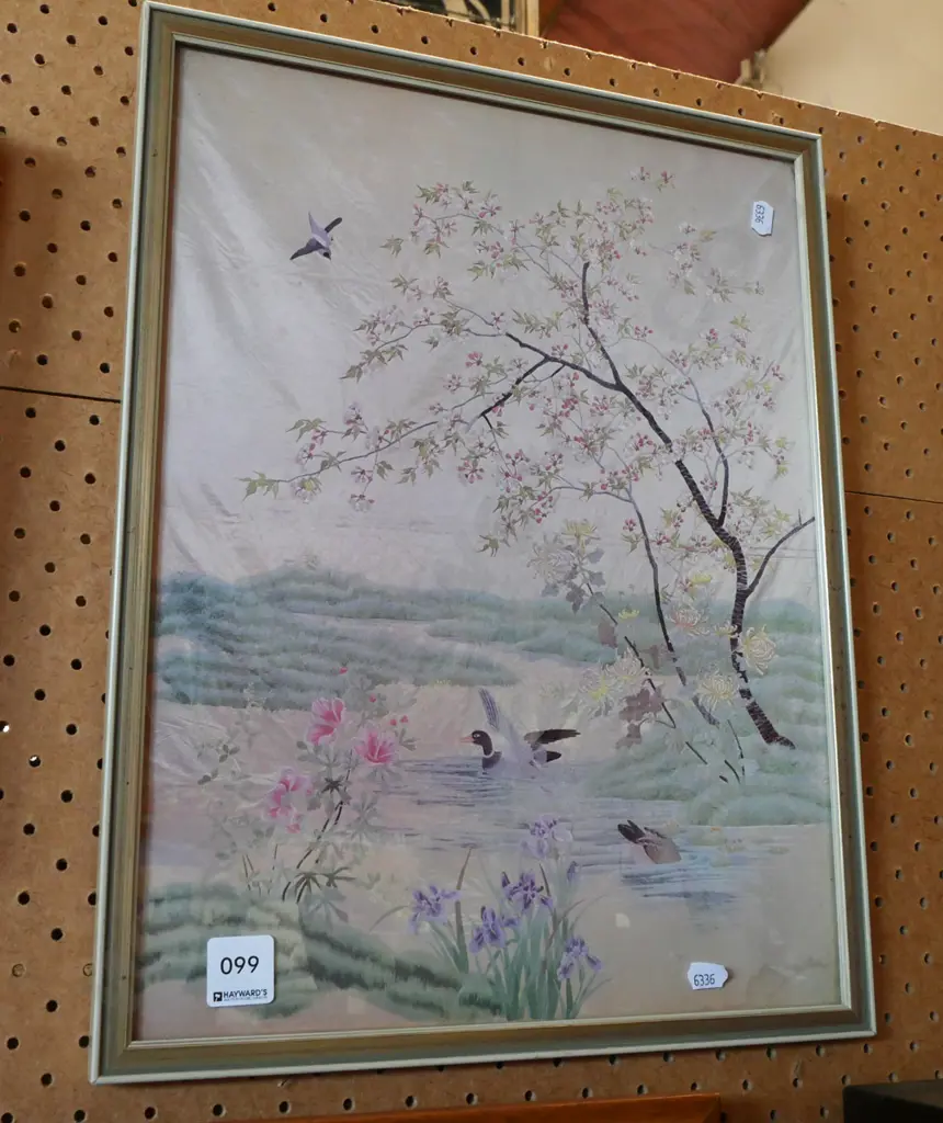framed Asian print - ducks on pond - slight staining Image 1++