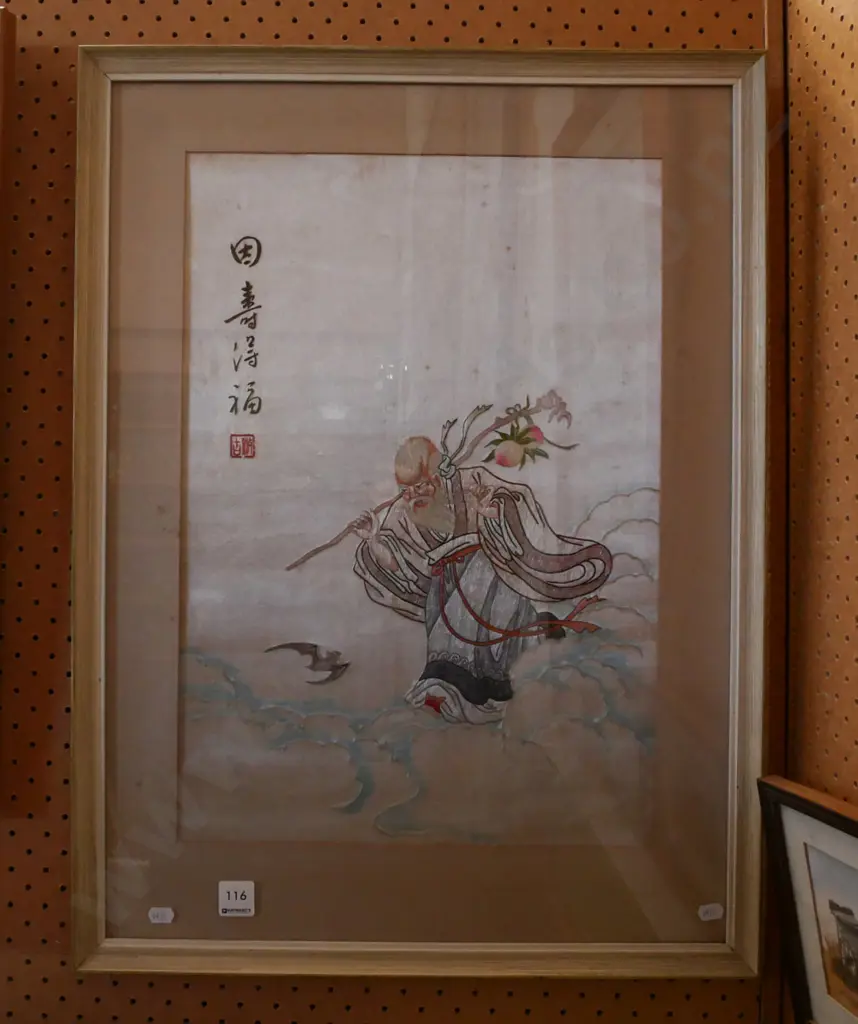 framed Asian needlework on silk - God of longevity - slight foxing Image 1++
