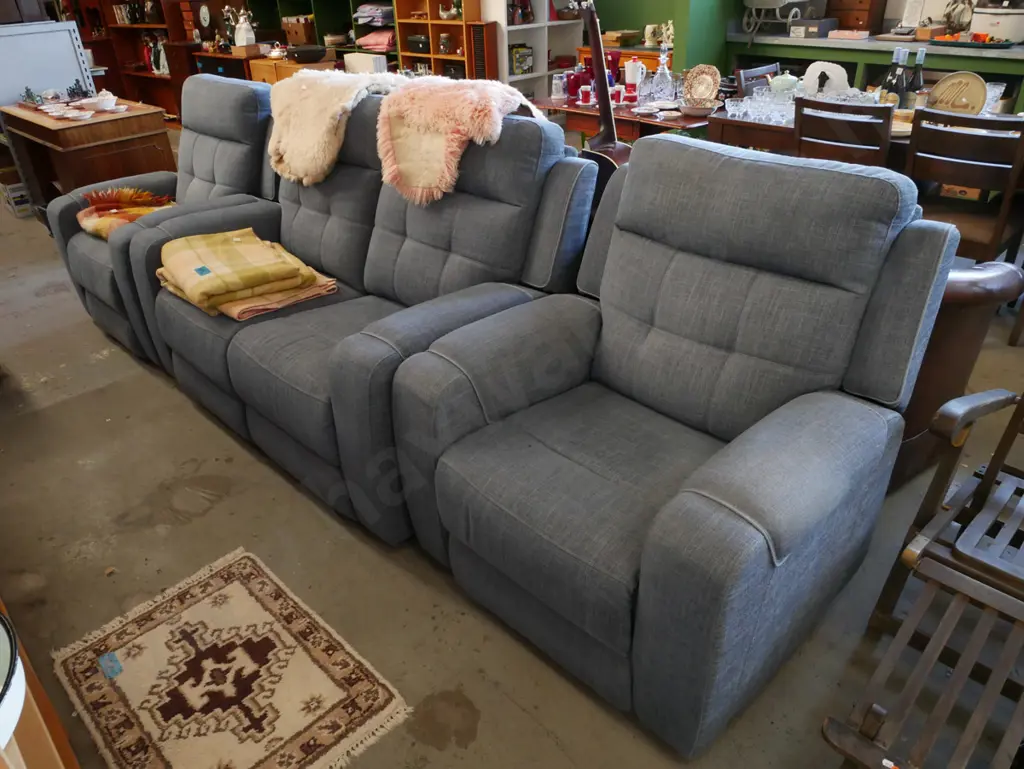 modern blue 3 piece lounge suite - 2x electric reclining armchairs and 2 seater reclining settee Image 1++