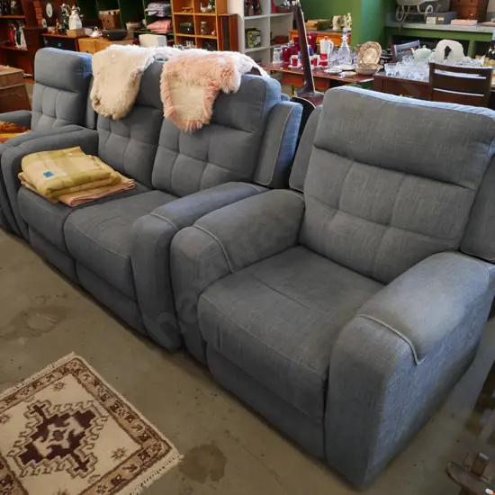 modern blue 3 piece lounge suite - 2x electric reclining armchairs and 2 seater reclining settee