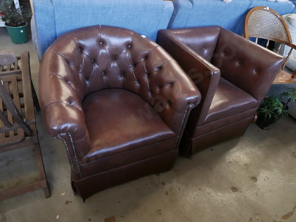 2x brown vinyl tub chairs - some scratches Image 1++