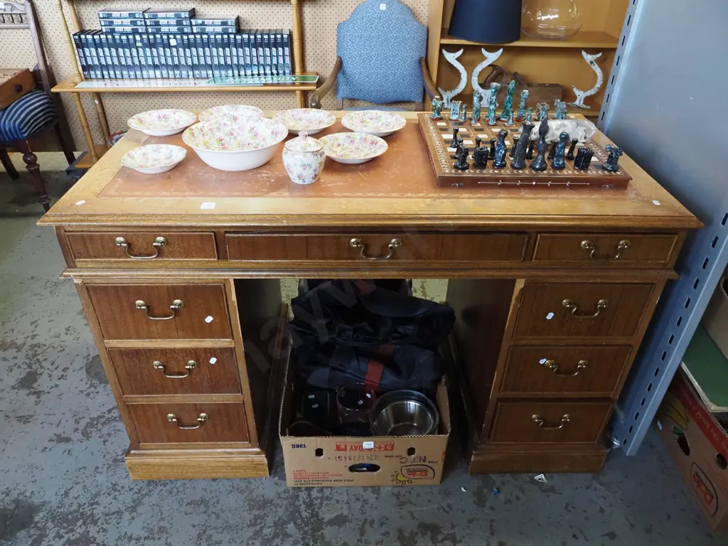 mahogany pedestal 9 drawer desk with leather inset - some sections of  veneer broken off Image 1++