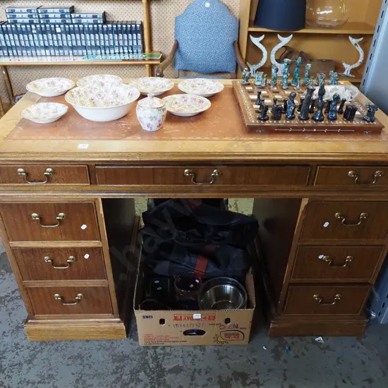 mahogany pedestal 9 drawer desk with leather inset - some sections of  veneer broken off