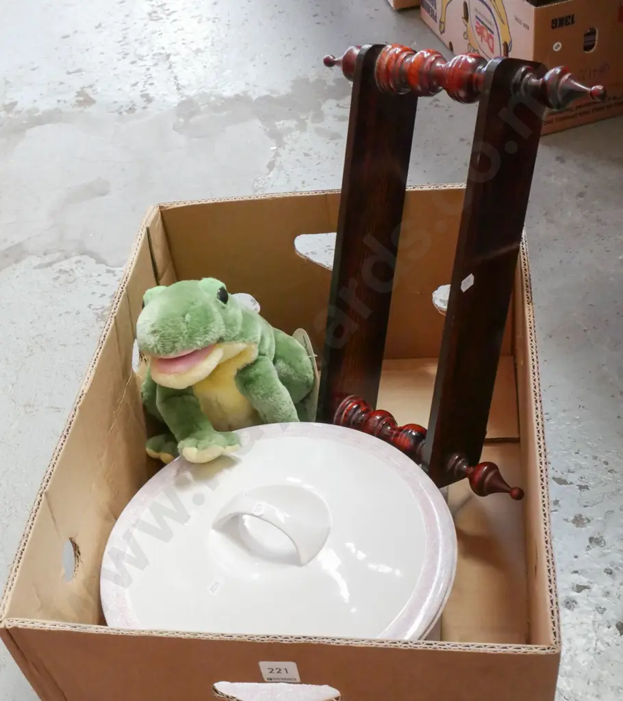 box; small wall mounted shelves, battery powered dancing frog, large lidded ceramic bowl Image 1++