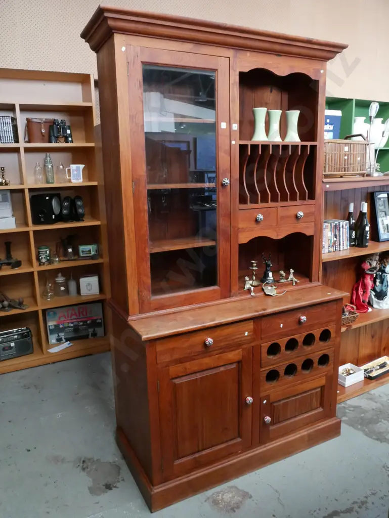 Indonesian hardwood kitchen unit with 2 solid doors, 4 drawers, wine rack, plate rack Image 1++