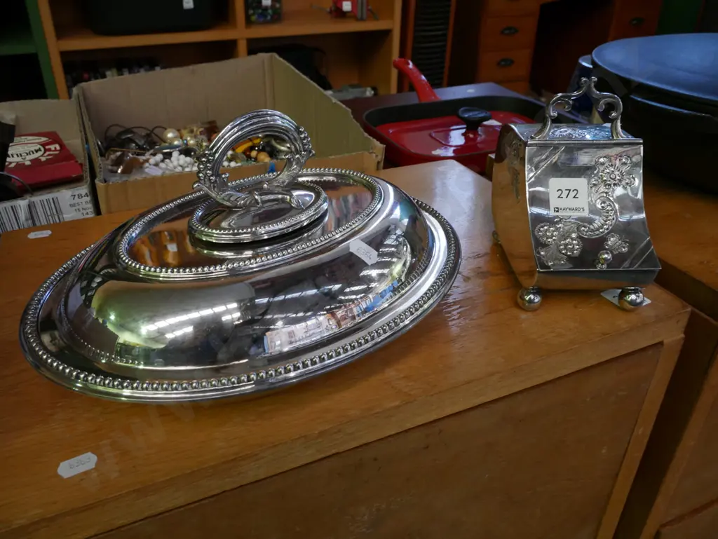 plated ware sugar scuttle, heavy plate lidded vege Image 1++