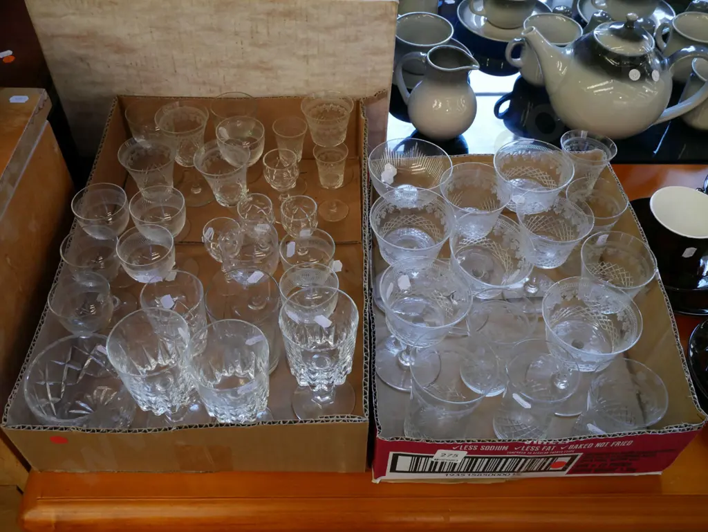 2x boxes of etched and cut glass and crystal ware - red dots Image 1++