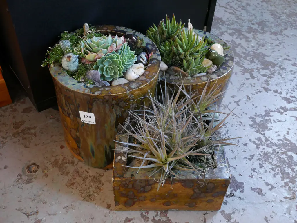 studio pottery planter with stones and succulents Image 1++