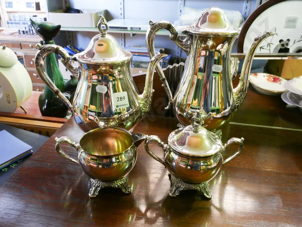 plated creamer, sugar, coffee pot - damage to lid Image 1++