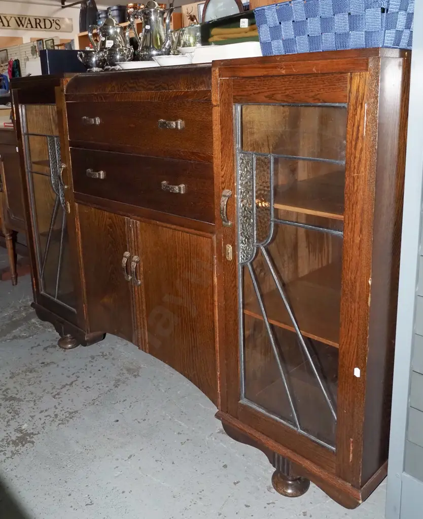 dark stained deco buffet sideboard - 2 doors, 2 drawers, 2 leadlight doors H-1120 W-1360 D-510 Image 1++