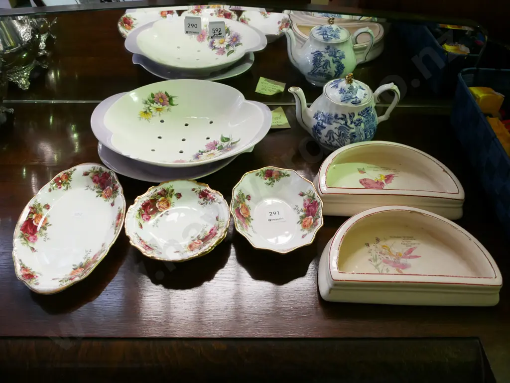 Royal Winton draining dish, Old Country Rose dishes, teapot, 2x vintage children's half bowls Image 1++