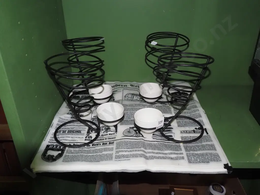 black metal and paper hot chip stand with small ceramic sauce bowls Image 1++