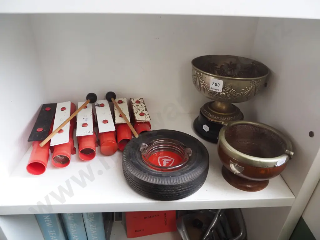 ashtray, oak bowl, plated ware bowl on stand, xylophone Image 1++
