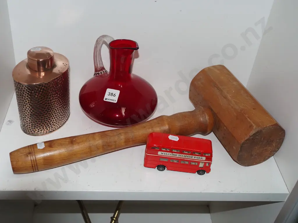 heavy wooden mallet, toy bus, ruby glass jug, lidded copper canister Image 1++