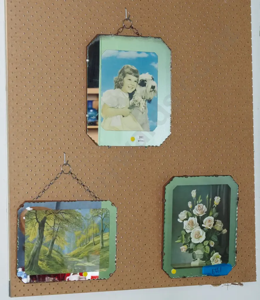 3x mirror framed prints - flowers, country lane, girl and dog - yellow dots Image 1++