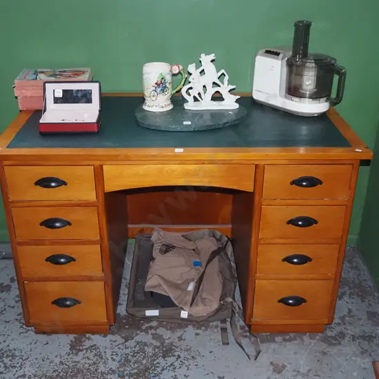 solid rimu 8 drawer kneehole desk with green vinyl top inlay H-760 W-1190 D-640