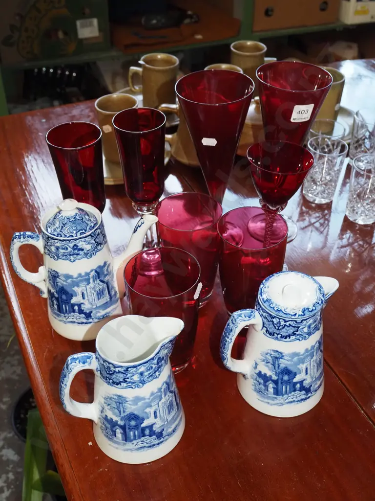 ruby glass wine glasses, tumblers, 3x blue and white jugs - 1 missing lid Image 1++