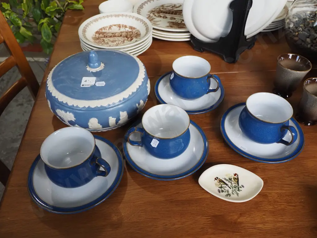 Denby cups, saucers, Jasperware style lidded bowl, small bird themed pin dish Image 1++