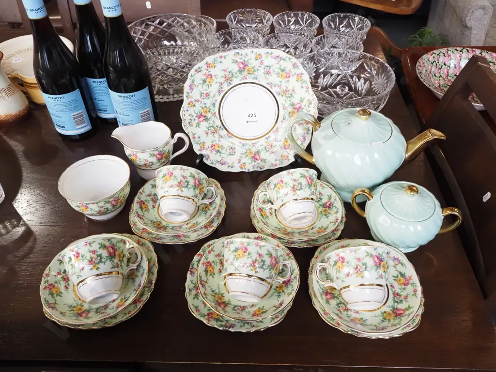 Colclough floral trios, creamer, sugar, Sadler teapot and lidded sugar Image 1++
