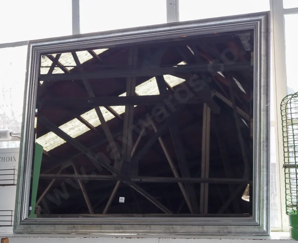large bevelled edge silver framed wall mirror - some damage to frame H-1030 W-1340 Image 1++