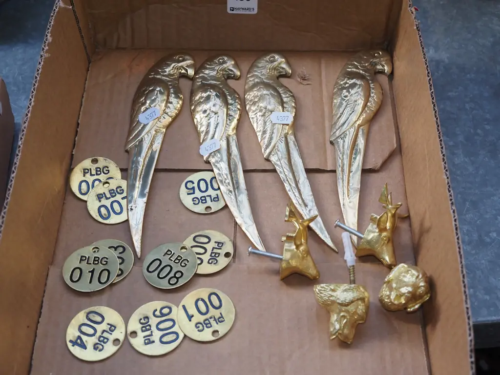 solid brass parrot themed letter openers, cupboard handles, pressed brass tokens Image 1++