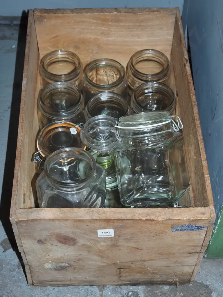 wooden box of various glass jars Image 1++