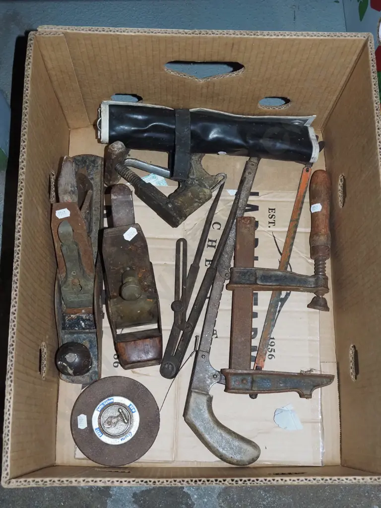 box; vintage hand planes, open end ring spanners etc Image 1++