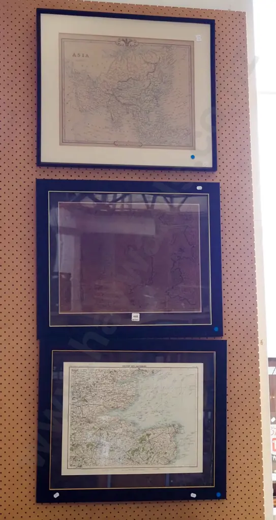 3x framed maps - 1 is very dark - blue dots Image 1++